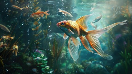 Fish with delicate, fairy-like wings swimming in a magical underwater realm