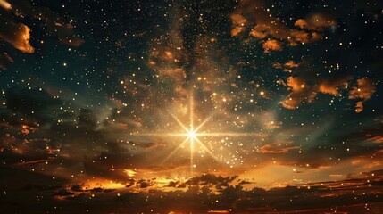 Glowing star illuminating the sky with golden sunlight in a celestial realm