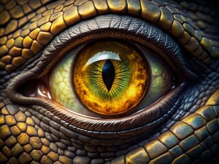 Fototapeta premium Fierce monster eye glares menacingly, razor-sharp eyelashes frame piercing yellow iris, surrounded by reptilian skin texture and dark shadows in extreme close-up.