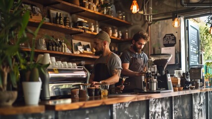 Two focused baristas prepare coffee behind the counter of a trendy, rustic cafe, surrounded by coffee equipment and decor.