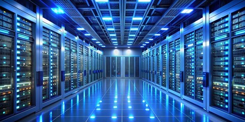 Modern Data Center Server Room with Blue Lighting - 3D Render