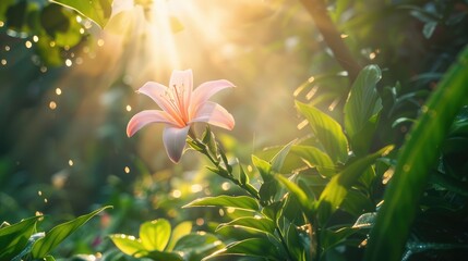 Blooming flower surrounded by beams of sunlight in a lush garden