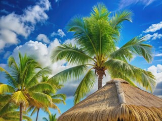 Serene tropical scene featuring a natural palm roof with a mesmerizing view of the bright blue sky, perfect for adding your own text or message.