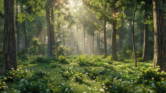 Sunlight streaming through lush green forest canopy, illuminating the ground with dappled light and creating a serene natural woodland scene.