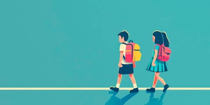 Minimalistic  flat illustration of two school children walking side by side, simple and clean background features vibrant colors back to school, educational-themed graphics or marketing materials 