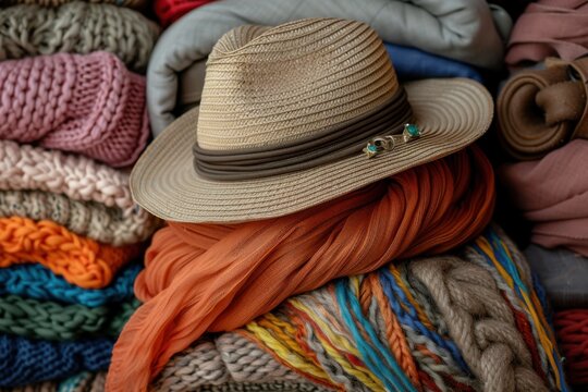 An elegant straw hat adorned with turquoise accents placed on top of vivid orange scarf surrounded by various textured, colorful folded blankets and knitted items. - Powered by Adobe