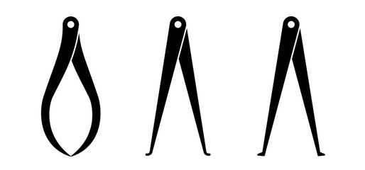 Cartoon caliper, old style calipers. Wood working compasses or Blacksmith equipment. Old metal calipers for measuring outside size or inside size. Compass divider. Inside passer, outside passer.  © MarkRademaker