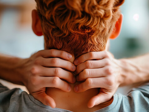 A man on his back puts his hands on his neck as a sign of cervical pain