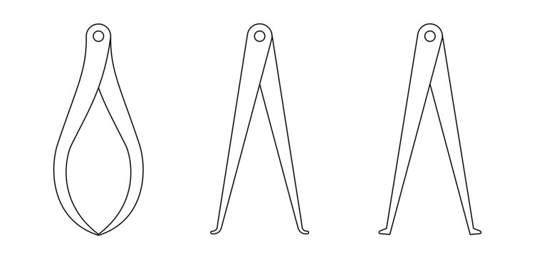 Cartoon caliper, old style calipers. Wood working compasses or Blacksmith equipment. Old metal calipers for measuring outside size or inside size. Compass divider. Inside passer, outside passer. 