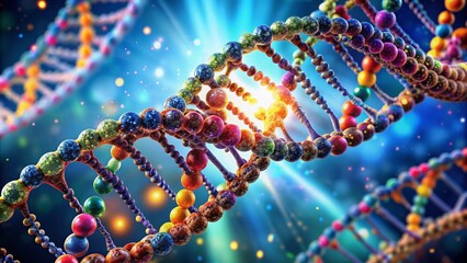 Colorful illustration of a DNA double helix molecule structure, showcasing twisted ladder-like shape with nucleotide bases and sugar phosphate backbone in microscopic detail.