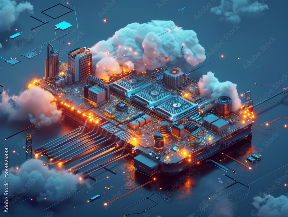Poster futuristic cloud computing server data center.