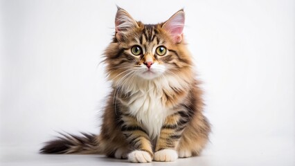 Obraz premium Adorable whiskered feline sits alone on a clean white background, showcasing its fluffy fur, bright eyes, and cute nose, its ears perked up in curiosity.