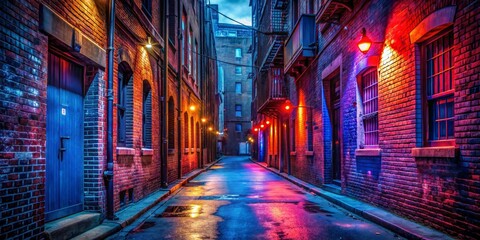 Neon Lights Reflect on Wet Pavement in a Brick Alleyway