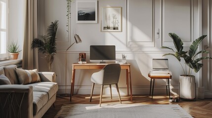 Stylish home office setup in a living room, perfect for remote work with minimal decor.