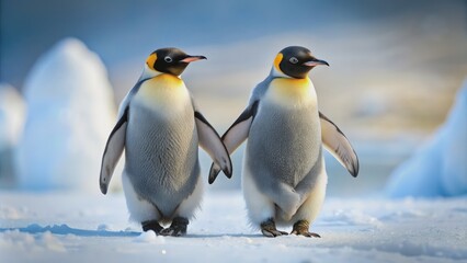 Fototapeta premium Two adorable penguins, with feathers fluffed against the cold, walk side by side in the snowy landscape, hands held out in a curious gesture.