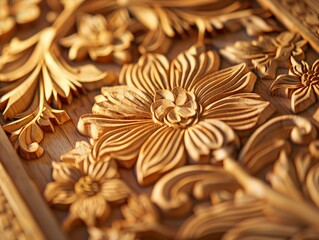 Intricate Wood Carving with Floral Pattern.