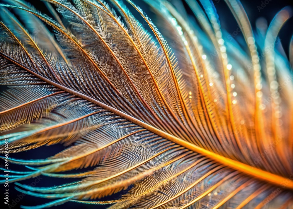 Poster exquisitely detailed macro image of delicate bird feather barbules, showcasing intricate textures an