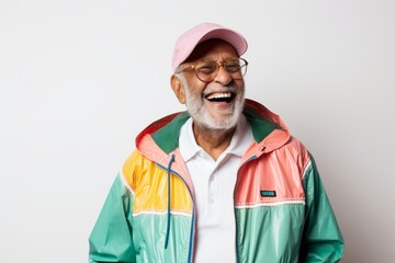 Portrait of a joyful indian man in his 80s wearing a functional windbreaker while standing against white background