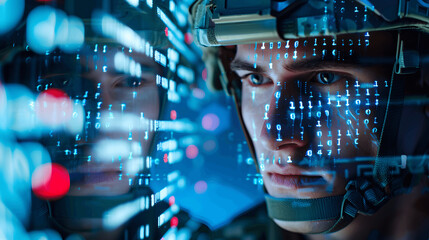 Digital code overlaying soldier's face with advanced technology