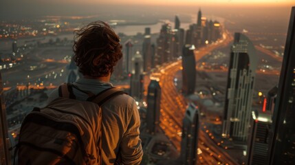 Traveler enjoying a panoramic view from a city's tallest building, big city perspective, urban exploration