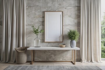 Sleek minimalist space features a blank picture frame on a natural stone tabletop, set against a crisp white wall, linen curtains, and Scandinavian-inspired interior.