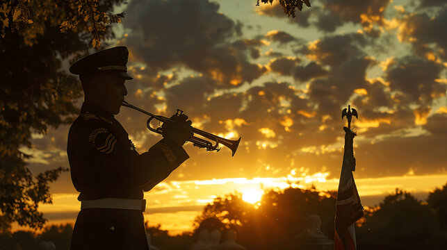 Bugler playing taps at memorial service with sunset background