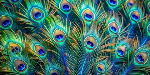 Vibrant peacock feathers display stunning iridescent blues and greens, showcased in a close-up panorama on a minimalistic background, perfect for carnival costume inspiration with ample copy space.