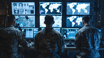 Officers analyzing satellite images in military strategy session