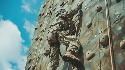 Soldier climbing wall on obstacle course during training exercise