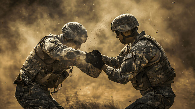 Two soldiers sparring in hand-to-hand combat training