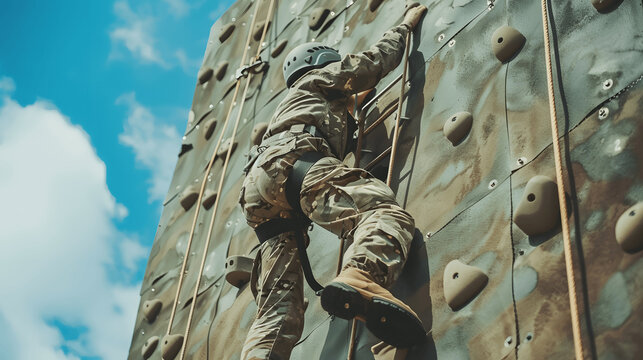 Soldier climbing wall on obstacle course during training exercise