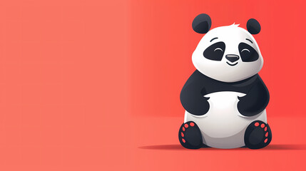 Fototapeta premium Adorable cartoon panda sitting on a vibrant red background with a shy and playful expression.