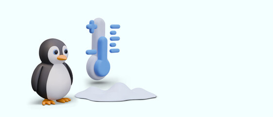 3D funny penguin is standing on ice near blue thermometer