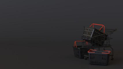 Black shopping cart on dark background 3d Illustration