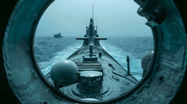 Submarine periscope view with enemy ship in sight