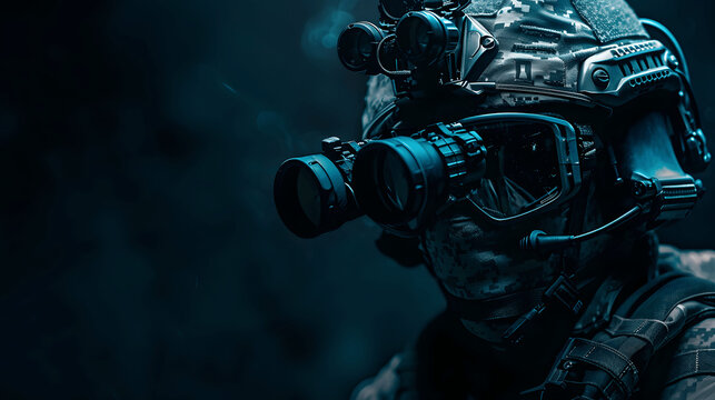 Soldier's helmet with night-vision goggles on dark background