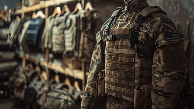 Body armor and camouflage uniform on clean background