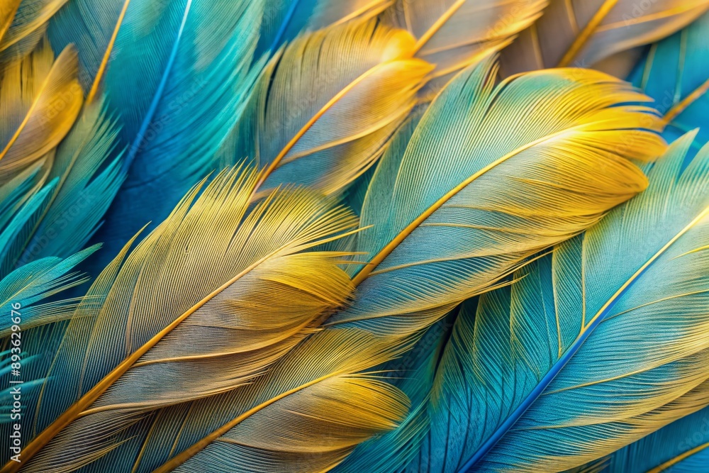 Poster vibrant light blue and gold feathers from a tropical bird form a stunning macro texture with a minim