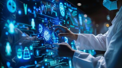 Fototapeta premium Health care and medical technology services concept. Medical worker using data virtual with health care icons, medical technology background, health insurance business.Health Insurance, telemedicine