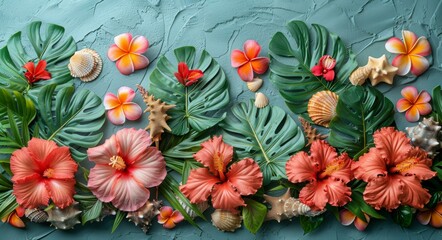 Fototapeta premium Tropical Lei Garland Decoration, Ocean Themed Art, Pineapple and Flowers, Colorful Floral Arrangement