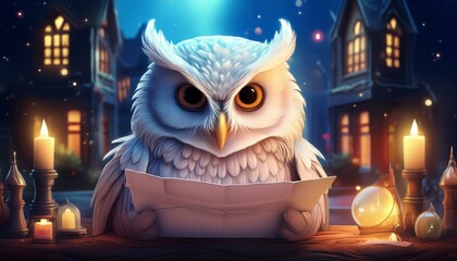 A magical white owl delivers a letter to a magical school. AI generation