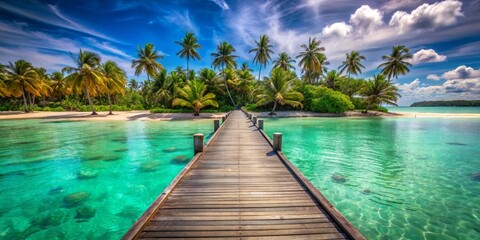 Fototapeta premium Tranquil Tropical Paradise - Wooden Bridge Leading to Idyllic Beach with Palm Trees and Crystal Clear Waters