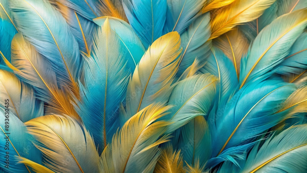 Poster vibrant light blue and gold feathers from a tropical bird create a stunning macro texture background