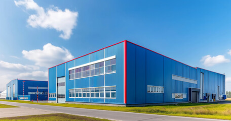 Fototapeta premium Exterior of an industrial warehouse dock station with blue walls and red edges, surrounded by green grass. Commercial storehouse building, business unit, cargo factory, distribution, logistics.