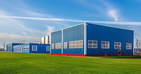 Obraz premium Exterior of an industrial warehouse dock station with blue walls and red edges, surrounded by green grass. Commercial storehouse building, business unit, cargo factory, distribution, logistic