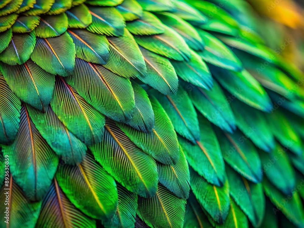 Poster vibrant green and emerald tones illuminate a stunning bird's feather in exceptional close-up detail,