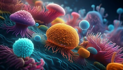 Obraz premium Beautiful electronic microscopy of bacteria, fungi fantasy microbiology. Microscopic life. Generative AI