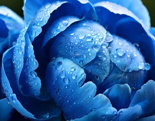 Blue Peony flowers with water drops background. Closeup of blossom with glistening droplets. Generative AI