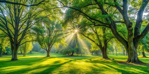 Obraz premium Sunbeams Through Trees in a Green Meadow