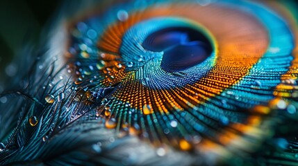 8K resolution close-up of a peacock feather, iridescent blues and greens shimmering, minute barbules in tack-sharp focus, exquisite detail of eye pattern, high dynamic range, 